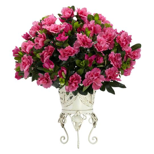 19" Pink Azalea with White Metal Planter